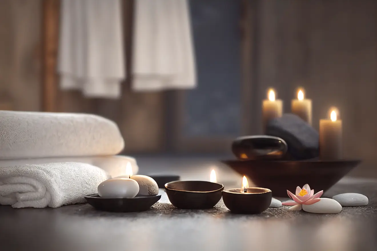 Spa setting with towels, candles, stones, and flower