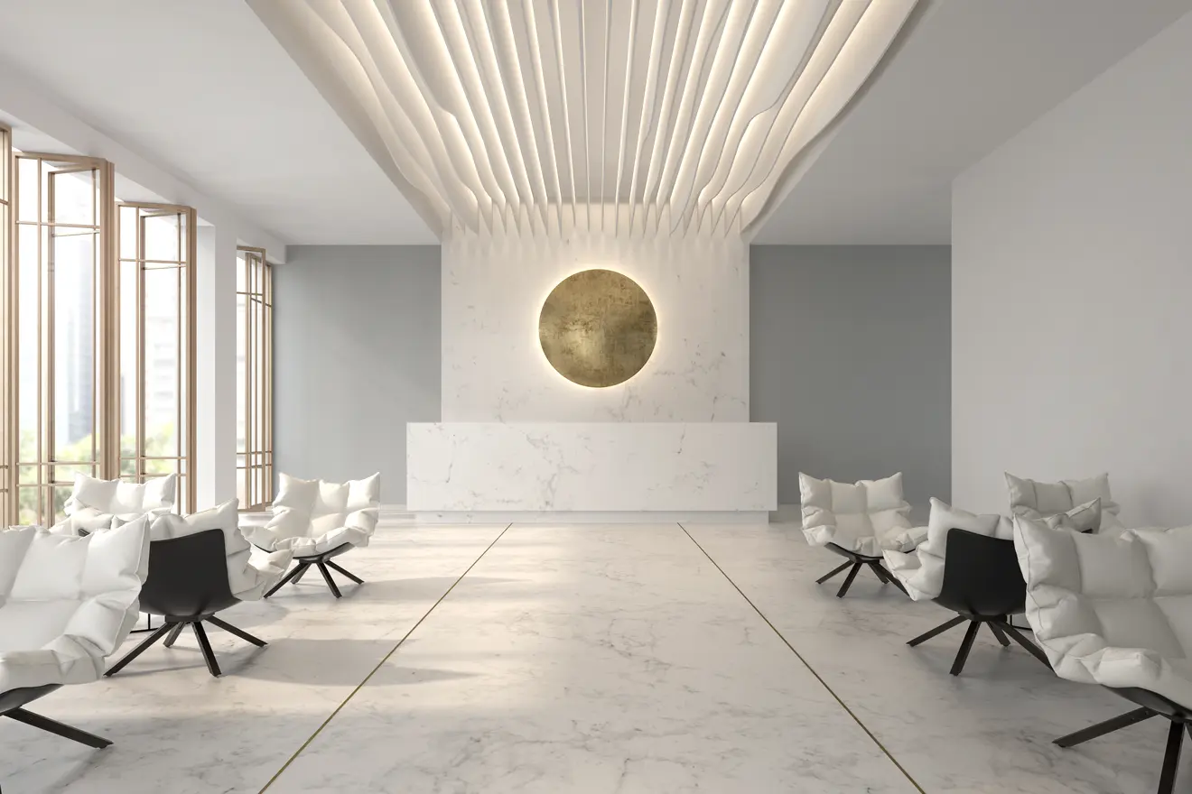 Modern spa waiting room with reception desk